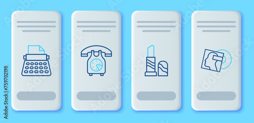 Set line Telephone handset, Lipstick, Retro typewriter and Vinyl disk icon. Vector
