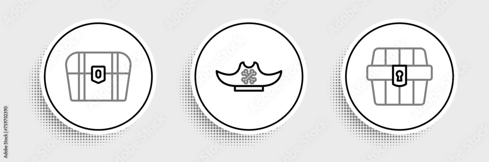 Set line Antique treasure chest, and Pirate hat icon. Vector Set line Antique treasure chest, and Pirate hat icon. Vector