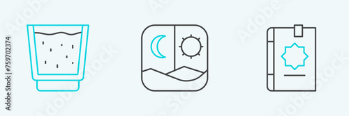 Set line Holy book of Koran, Glass with water and Ramadan fasting icon. Vector