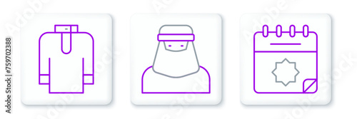 Set line Ramadan calendar, Shirt kurta and Muslim woman in niqab icon. Vector