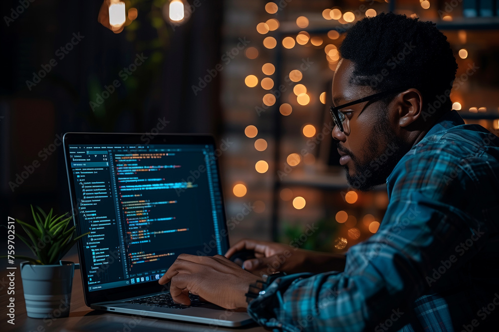 A small business owner working on a laptop, optimizing a website for search engines. Code, keywords, and search results visible on the computer screen A small business owner working on a laptop, optimizing a website for search engines. Code, keywords, and search results visible on the computer screen