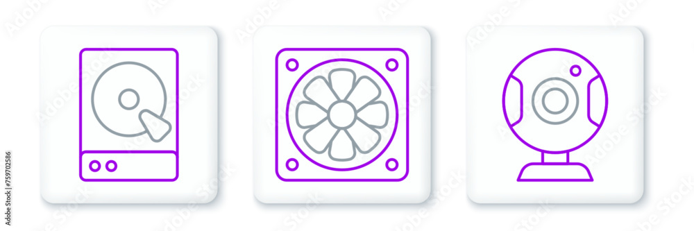 Set line Web camera, Hard disk drive HDD and Computer cooler icon. Vector Set line Web camera, Hard disk drive HDD and Computer cooler icon. Vector