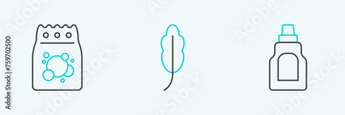 Set line Bottle for cleaning agent, Laundry detergent and Feather icon. Vector