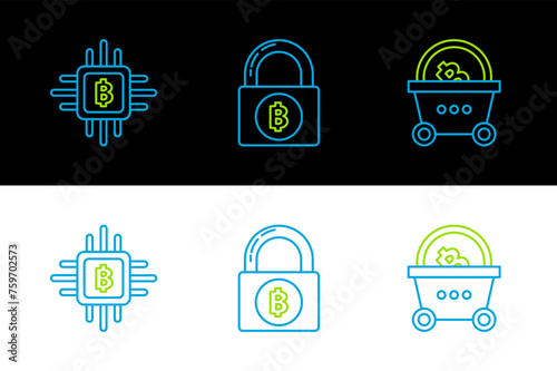 Set line Shopping basket with bitcoin, CPU mining farm and Lock icon. Vector