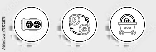 Set line Shopping basket with bitcoin, Mining farm and Cryptocurrency exchange icon. Vector