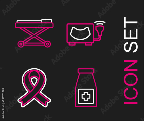 Set line Medicine bottle and pills, Awareness ribbon, Ultrasound and Stretcher icon. Vector