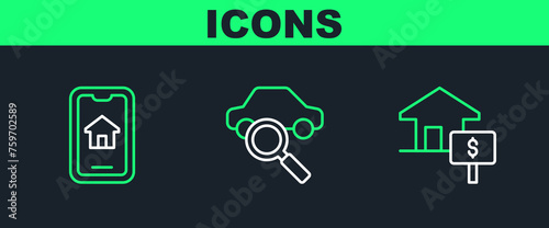 Set line House with dollar, Online real estate and Car sharing icon. Vector