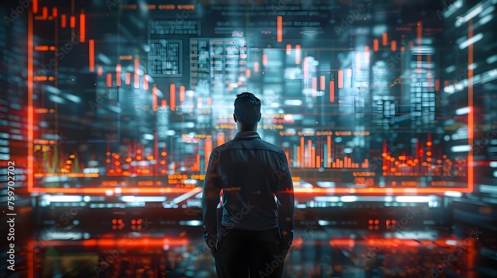 A man stands in front of a computer monitor displaying a complex graph