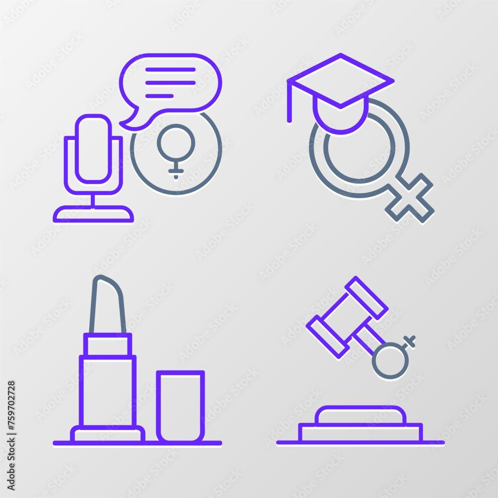 Set line Female rights, Lipstick, Teacher and Microphone icon. Vector Set line Female rights, Lipstick, Teacher and Microphone icon. Vector