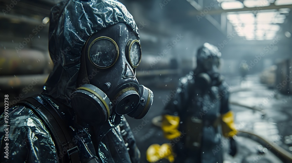 Two people in hazmat suits are standing in a dark room Two people in hazmat suits are standing in a dark room