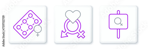 Set line Feminist activist, Packaging of birth control pills and Gender icon. Vector