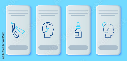 Set line Baldness, Oil bottle, Straight razor and Hairstyle for men icon. Vector