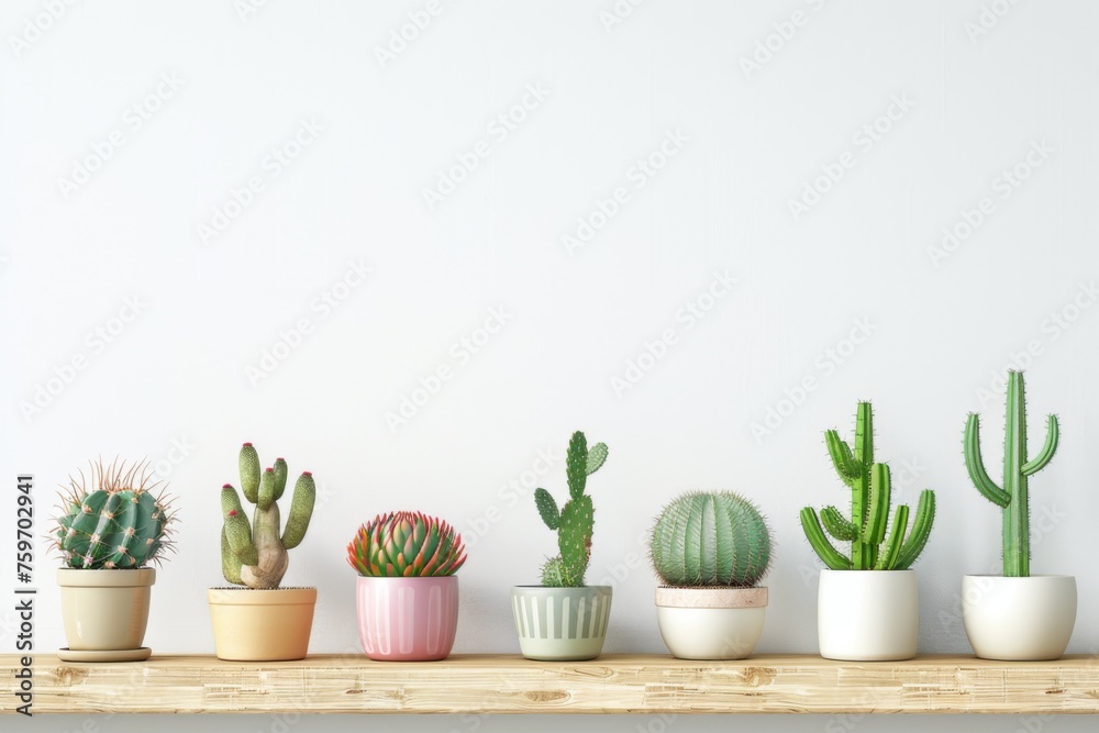 different cacti in simple colored pots stand on wooden shelf, the wall is white; wall with empty space different cacti in simple colored pots stand on wooden shelf, the wall is white; wall with empty space