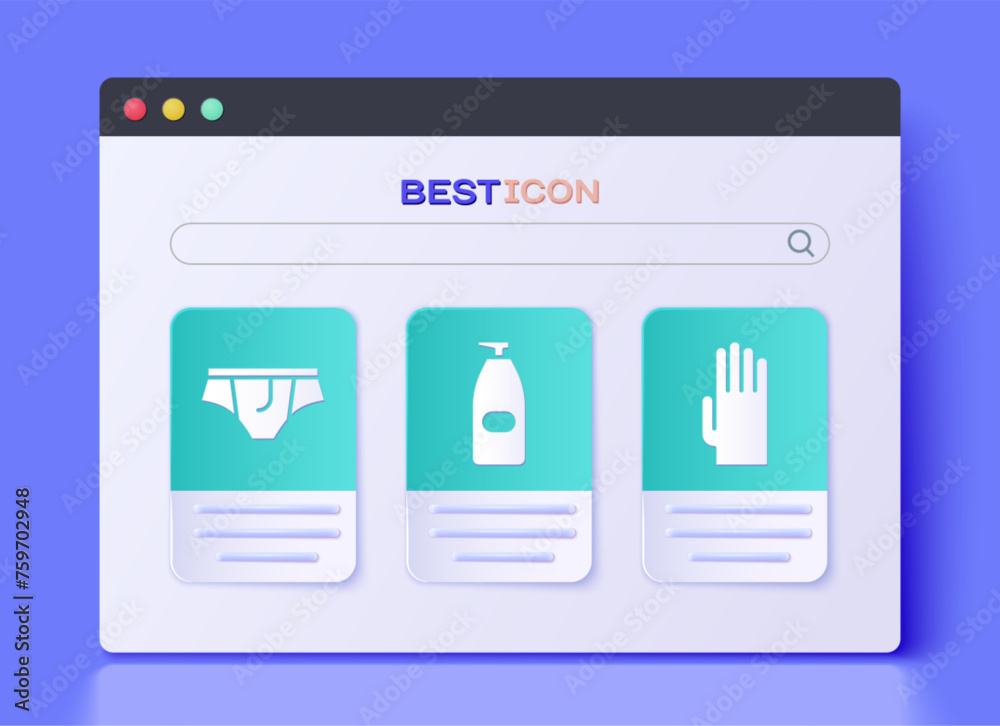 Set Bottle of liquid antibacterial soap, Underwear and Rubber gloves icon. Vector Set Bottle of liquid antibacterial soap, Underwear and Rubber gloves icon. Vector