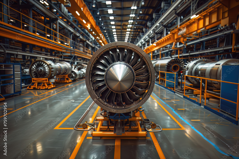 Fototapeta premium airplane engine production line, wide shot, modern