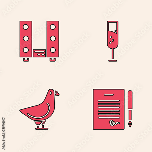 Set Marriage contract, Home stereo with two speakers, Glass of champagne and Dove icon. Vector