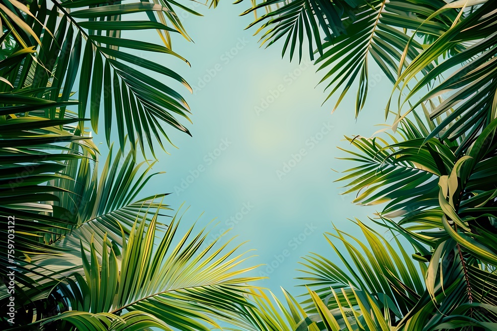 Fototapeta premium palm leaves background frame, empty copy space in the middle
