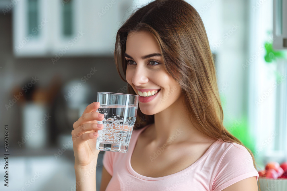 Healthy beautiful young woman holds a glass of water in kitchen, smiling young girl drinking fresh water from glass Healthy beautiful young woman holds a glass of water in kitchen, smiling young girl drinking fresh water from glass