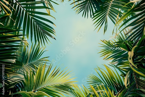 palm leaves background frame, empty copy space in the middle
