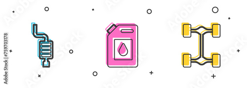 Set Car muffler, Canister for motor oil and Chassis car icon. Vector