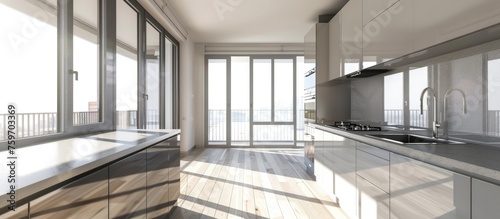 Interior of kitchen furniture in an apartment after renovation, featuring gray design and a balcony access. © Vusal