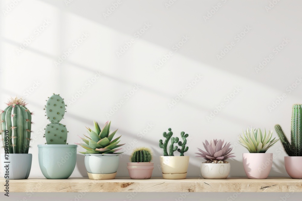 different cacti in simple colored pots stand on wooden shelf, the wall is white; wall with empty space