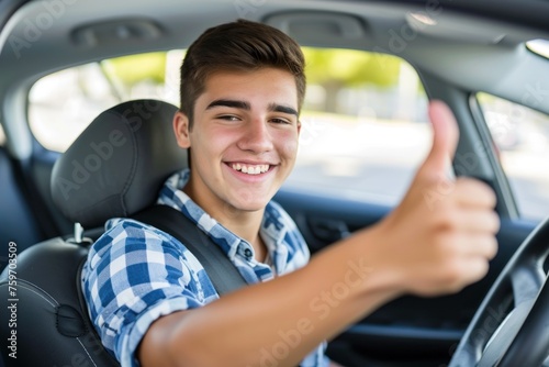 Portrait of young man showing thumbs up while driving a car