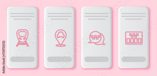 Set line High-speed train, Location with taxi, Taxi call telephone service and Taximeter. White rectangle button. Vector