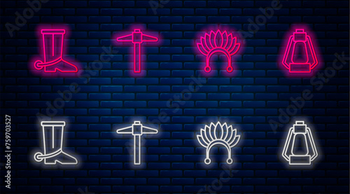 Set line Pickaxe, Indian headdress with feathers, Cowboy boot and Camping lantern. Glowing neon icon on brick wall. Vector