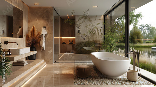 Luxurious modern bathroom interior with nature view  featuring a freestanding tub  glass shower  and elegant decor.