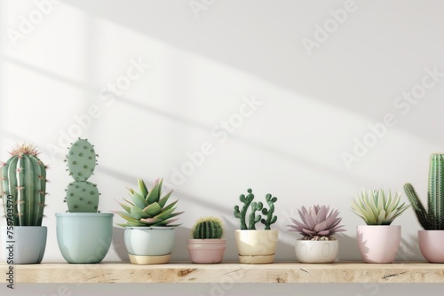 different cacti in simple colored pots stand on wooden shelf  the wall is white  wall with empty space