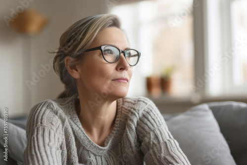 Thoughtful middle aged woman looking away sitting alone in her couch at home