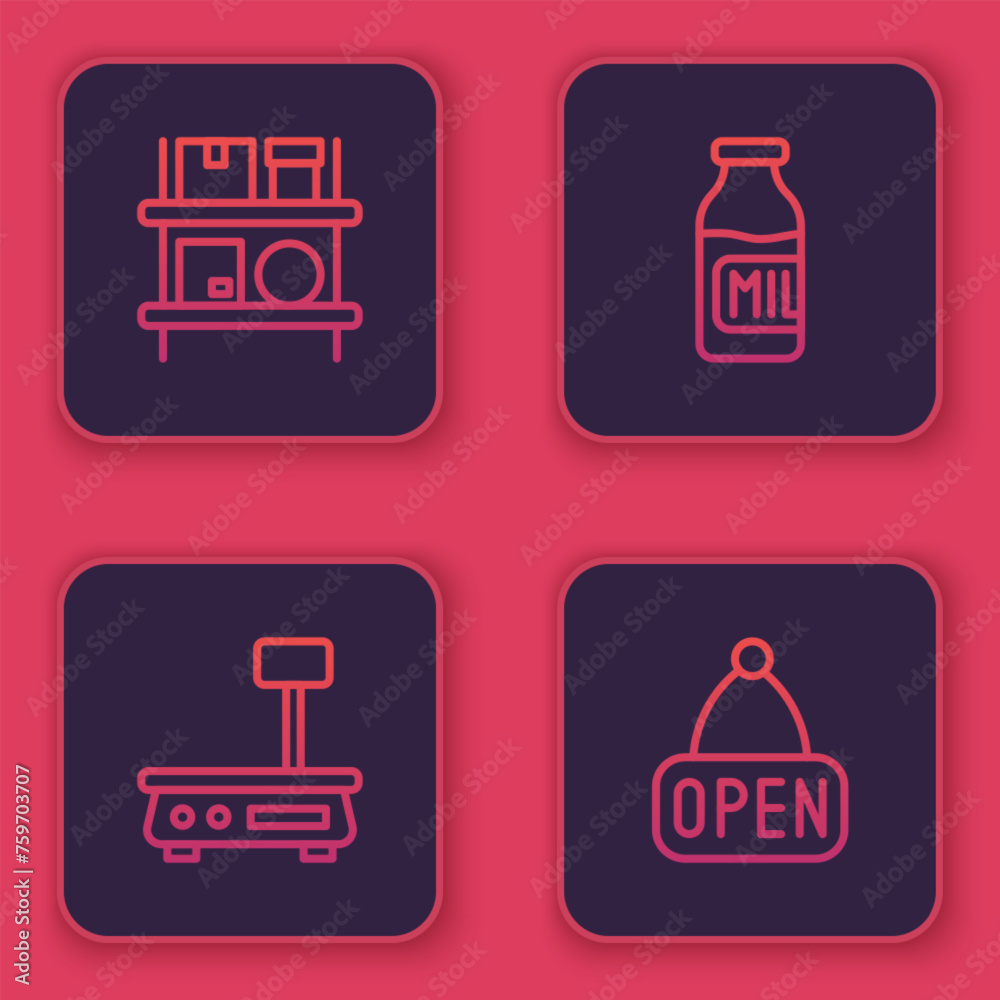 Set line Warehouse interior with boxes, Electronic scales, Bottle milk and Hanging sign Open. Blue square button. Vector