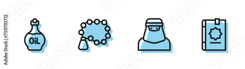 Set line Muslim woman in niqab, Essential oil bottle, Rosary beads religion and Holy book of Koran icon. Vector