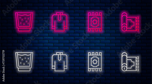 Set line Shirt kurta, Traditional carpet, Glass with water and . Glowing neon icon on brick wall. Vector