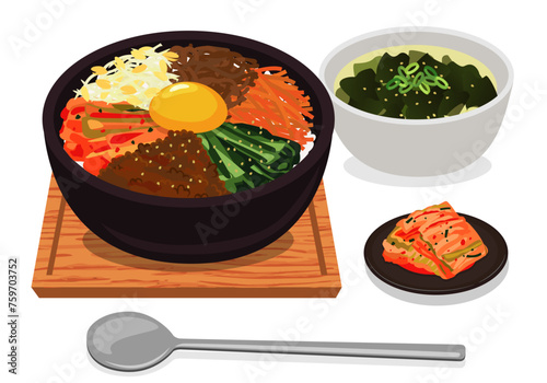 韓国料理_丼物_石焼ビビンバ定食（背景白）