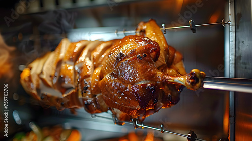 Cooking an entire tasty duck on a rotisserie machine up close. photo