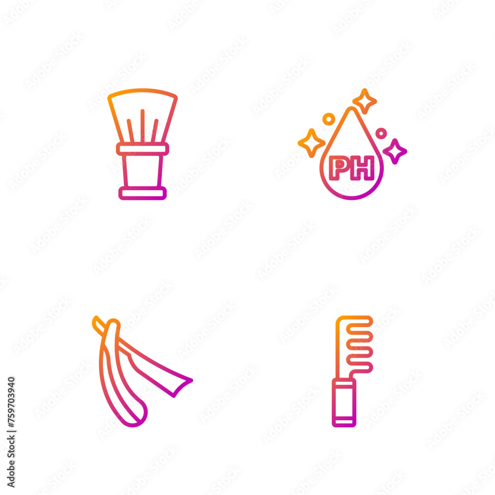 Set line Hairbrush, Straight razor, Shaving and Oil for hair care treatment. Gradient color icons. Vector