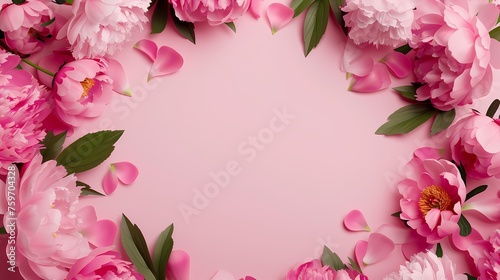 Circle Floral Frame with Peony Border. Pink, Mother's Day or Valentine concept with copy space