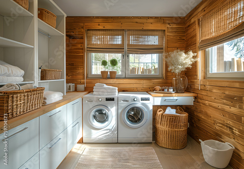 laundry room, washing machines in a clean organized neat utility scandinavian style laundry room photo