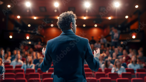Male motivational speaker on stage in front of audition having presentation