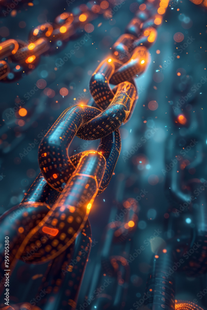 Close-up of illuminated digital blockchain links with glowing particles against a dark background, representing cryptocurrency and secure data concept. Close-up of illuminated digital blockchain links with glowing particles against a dark background, representing cryptocurrency and secure data concept.