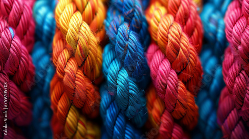 Close-up image of colorful braided ropes side by side in a repeating pattern, displaying a vibrant texture with a shallow depth of field.