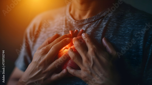 Man having severe chest pain, suffering from heart attack. Man holding heart in hands photo