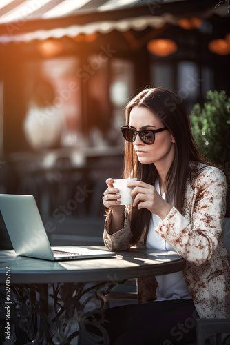 Portrait of a woman in sunglasses sitting at the table of outdoor cafe with a laptop holding a cup of coffee in her hands.