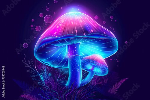 Illustration of a glowing mushroom in the style of a fantasy world with neon lights.