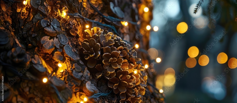 Decorative item on a tree illuminated by lights Decorative item on a tree illuminated by lights