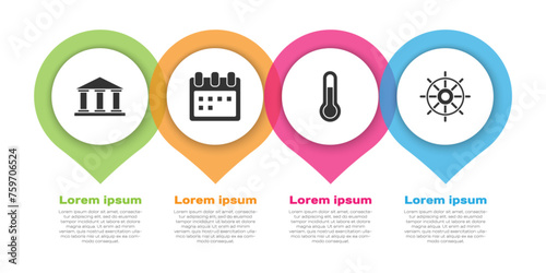 Set Museum building, Calendar, Meteorology thermometer and Ship steering wheel. Business infographic template. Vector