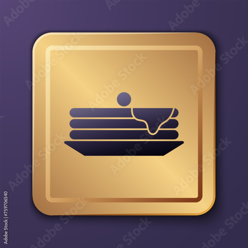 Purple Stack of pancakes icon isolated on purple background. Baking with syrup and cherry. Breakfast concept. Gold square button. Vector Illustration