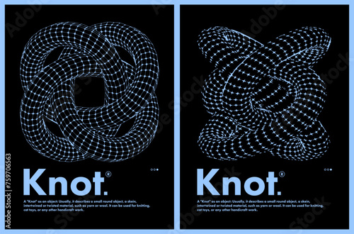 Abstract poster with 3D Knot. Retro futuristic graphic. Techno style, prints for t-shirts and sweatshirts. isolated on black background